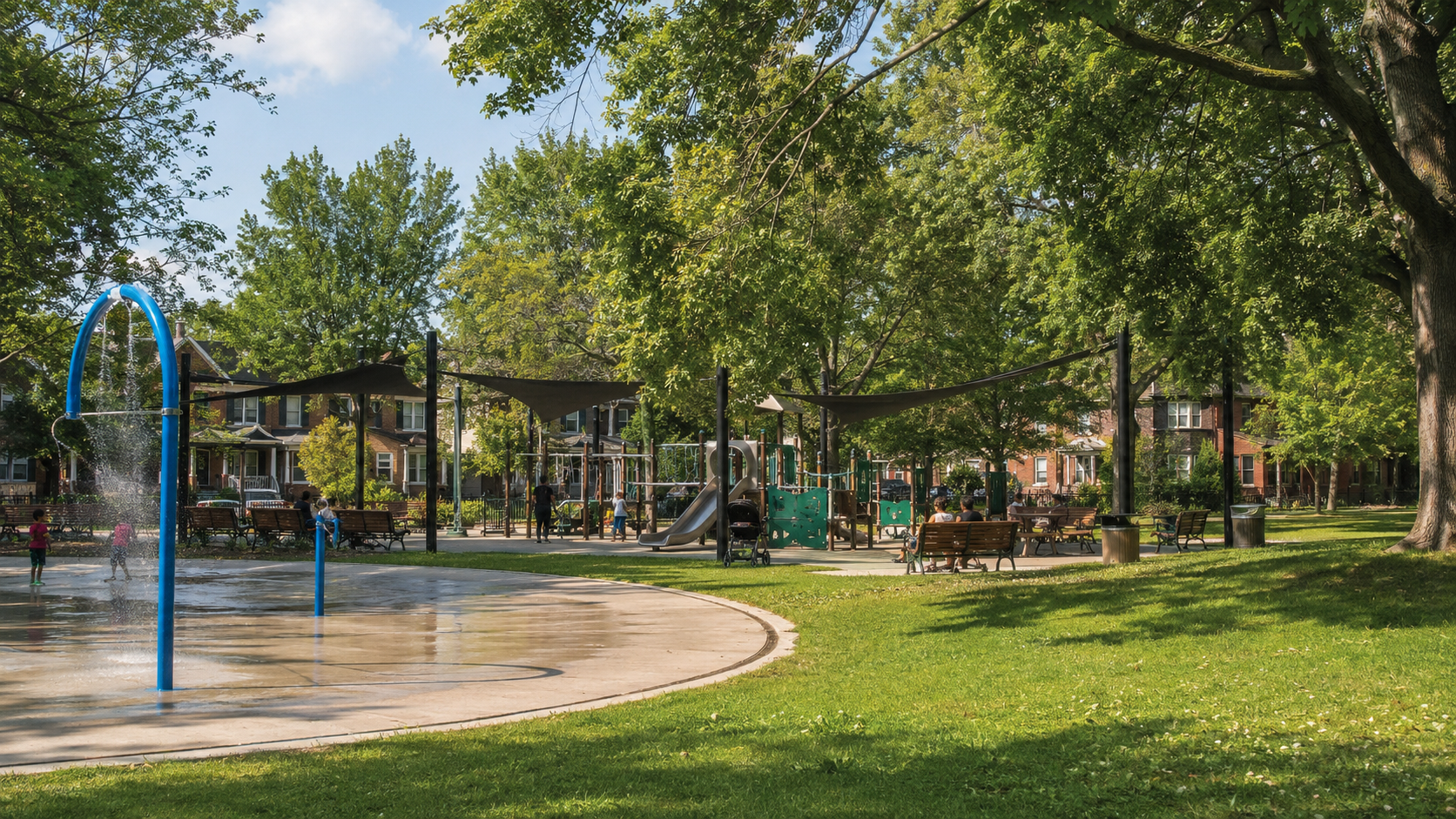 Splash pad and shaded playground in a leafy east-end Toronto park