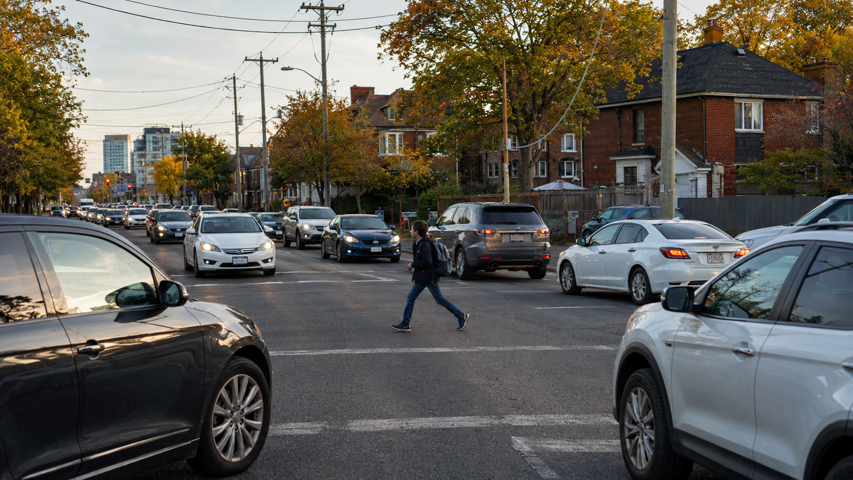 Child with backpack crossing busy Toronto street surrounded by cars in traffic — pedestrian safety concern on Dundas East